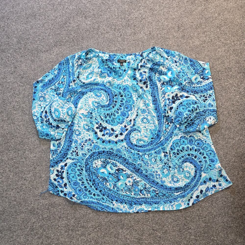 Talbots Top Women Size 2X Petite Blue Paisley Sheer 3/4 Sleeve Round Neck Casual